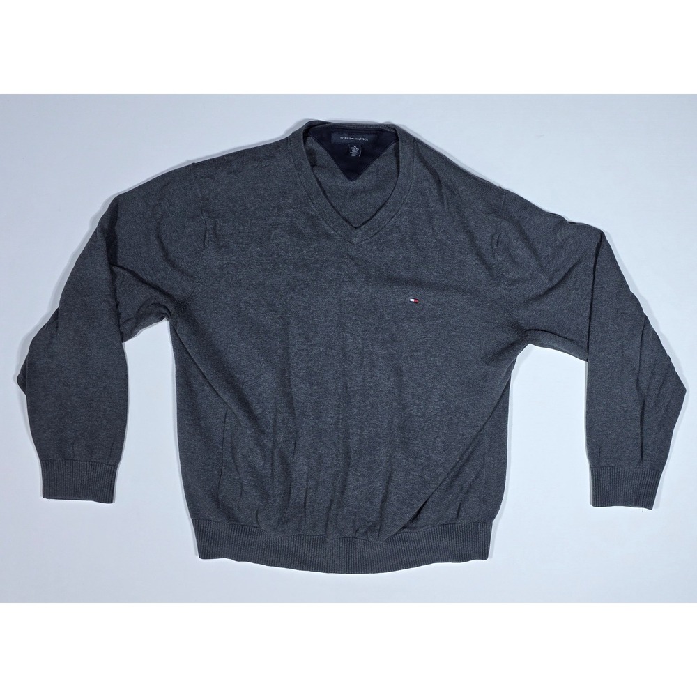 Tommy Hilfiger Mens XL Gray V-Neck Cotton Pullover Sweater Logo Knit Charcoal